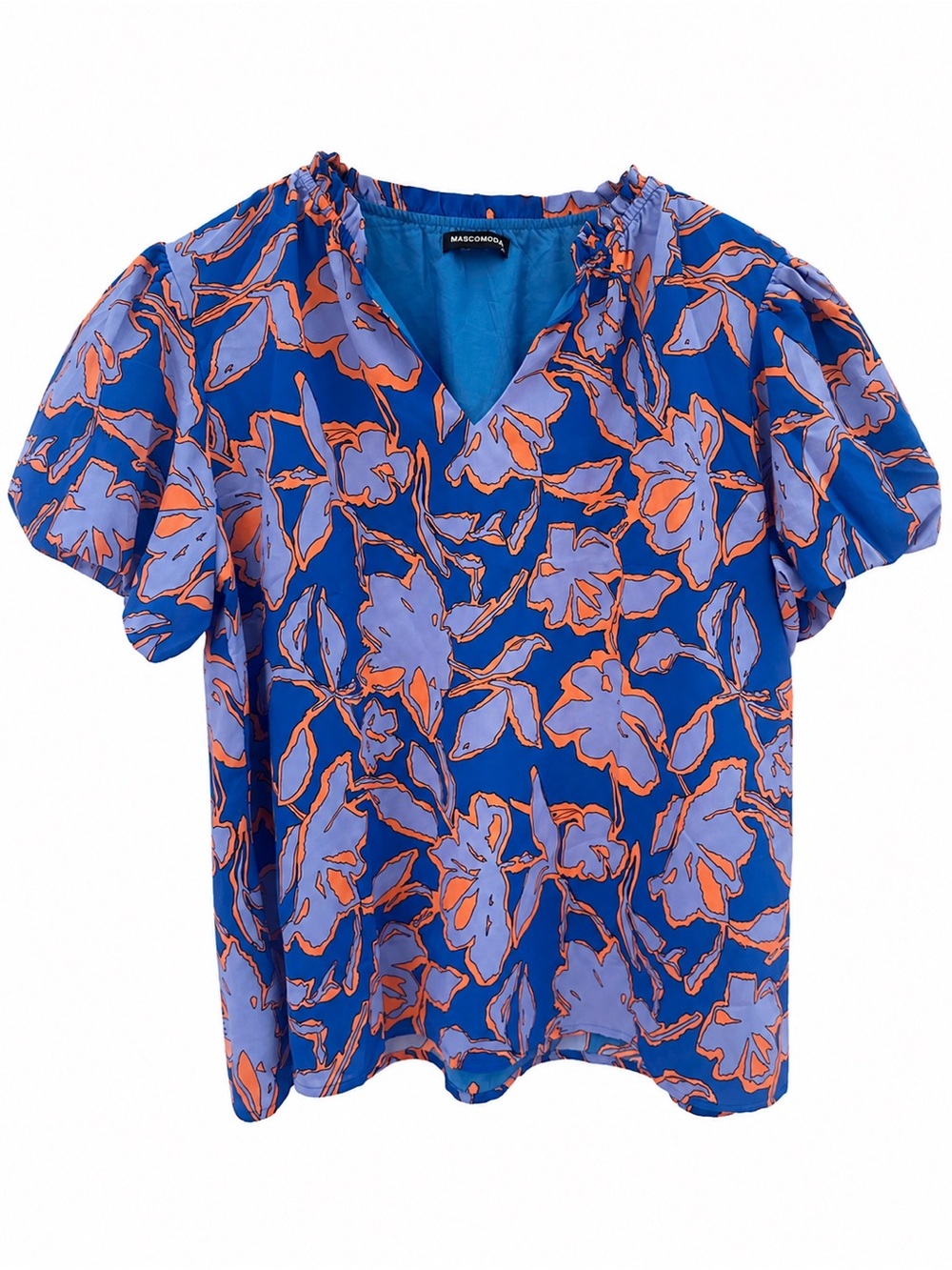 Blue Floral V-Neck Puff Sleeve Top